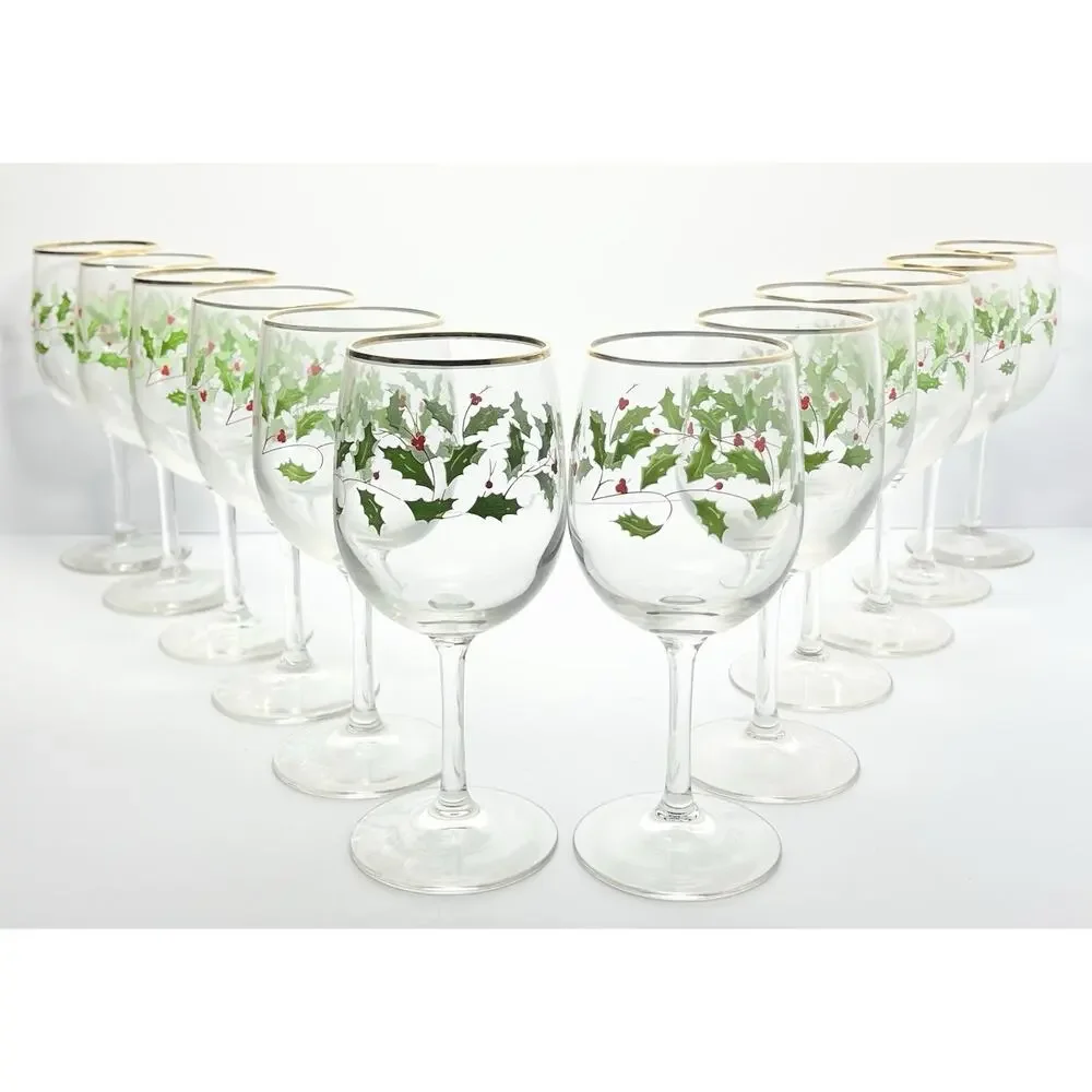 Lenox “Holiday” 12 Wine Water All Purpose Glasses 7 1/2” 10oz Christmas Holly